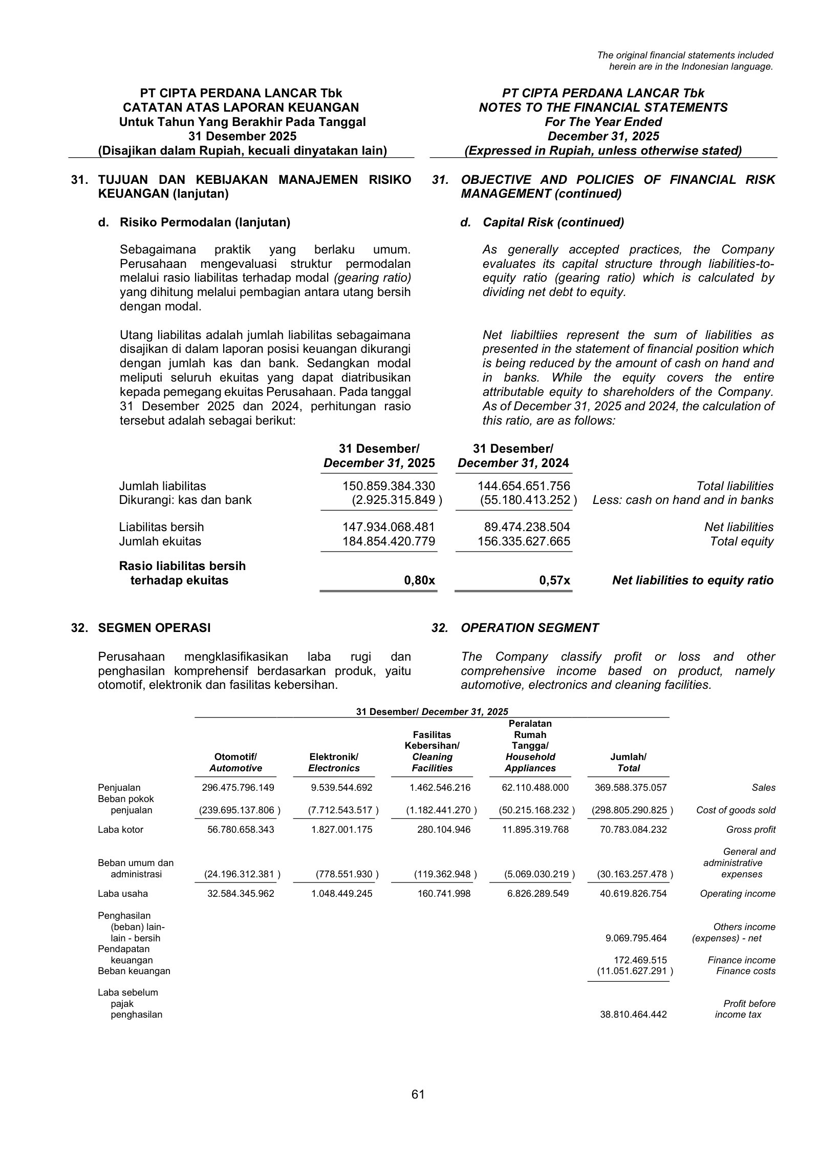 Audited segment P&L by product (automotive, electronics, cleaning facilities, household appliances), 2025.