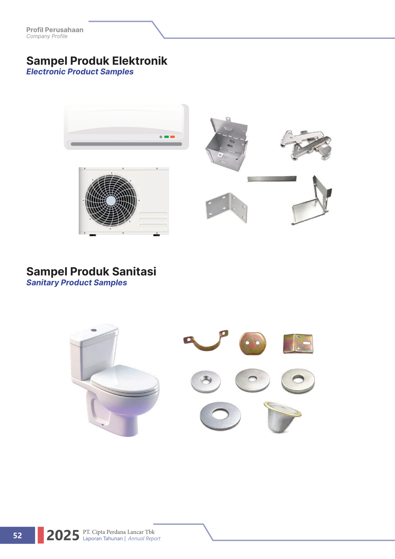 Electronic and sanitation product samples — AC brackets and metal fittings for clean-water systems, the smaller non-automotive lines.